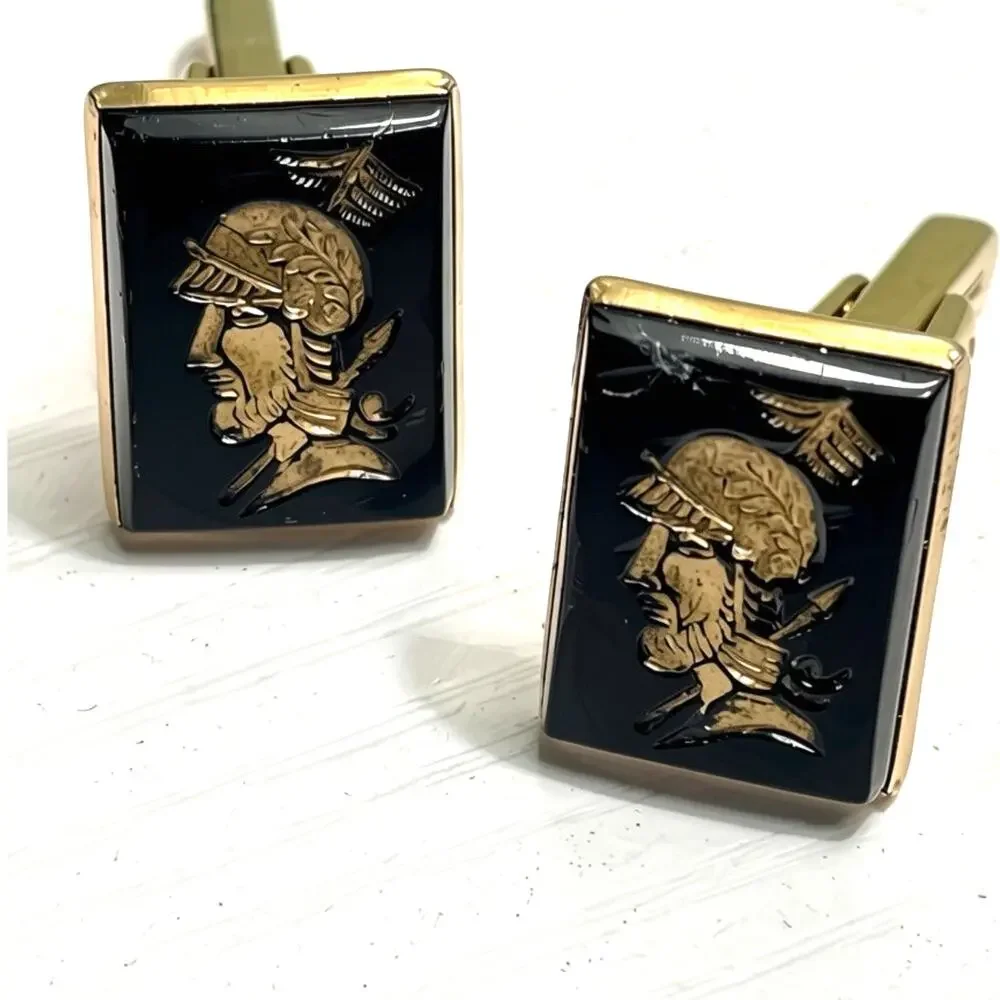 Vintage Hickok Roman Soldier Cufflinks Black Intaglio Glass Gold Tone